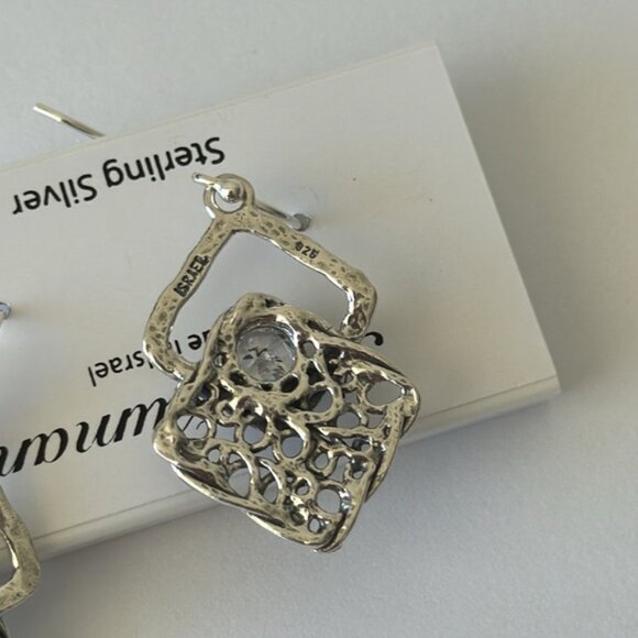 Noa Zuman Sterling Silver 925 Earrings Filigree w CZ Stone Israel 1.5in long - Picture 8 of 15